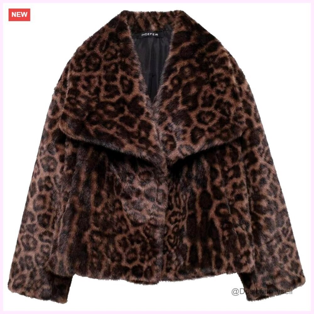 Cropped Faux Fur Jacket with Leopard Lapel, Open Front Winter Coat